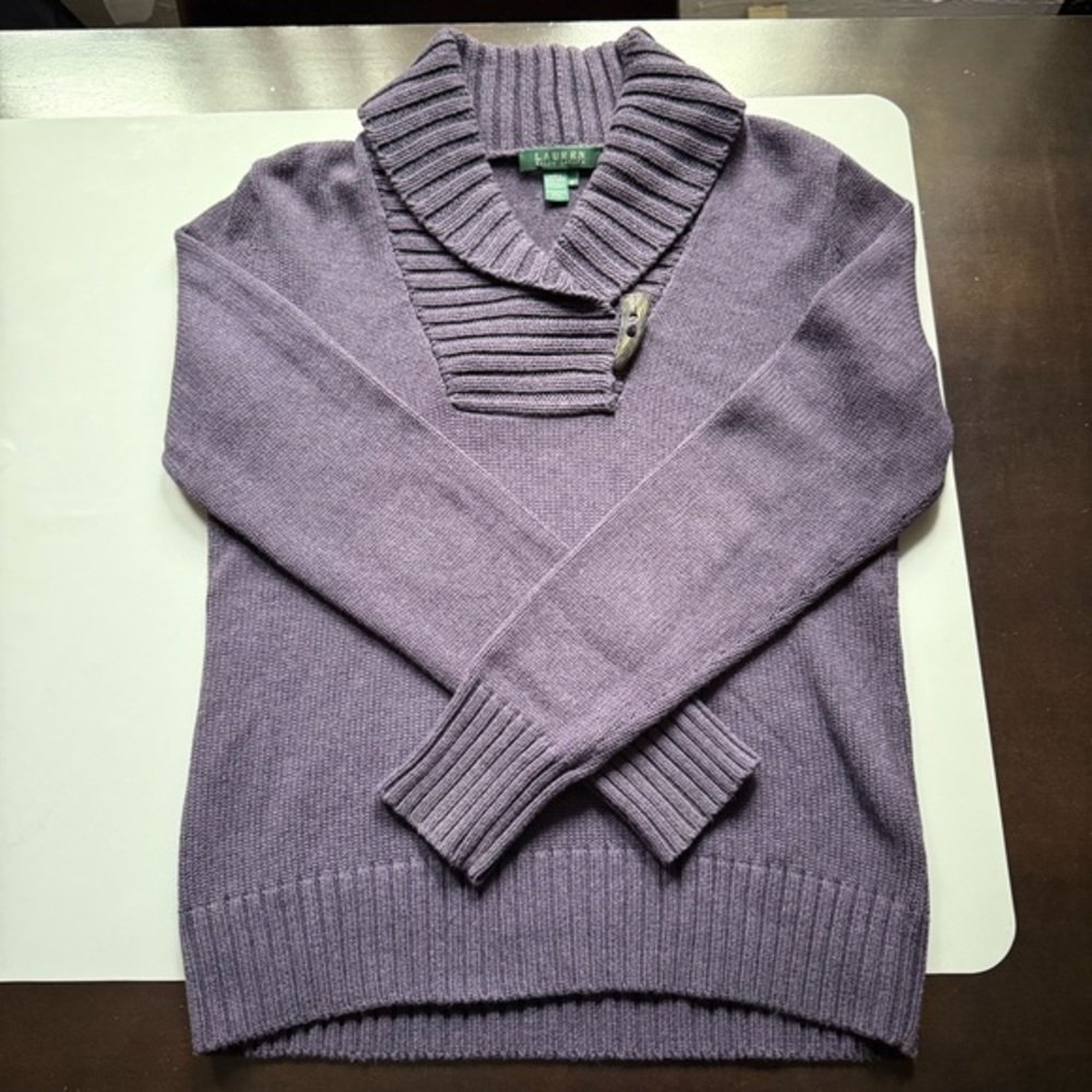 Lauren Ralph Lauren Shawl Collar Toggle Sweater Women’s M Purple Cotton Knit